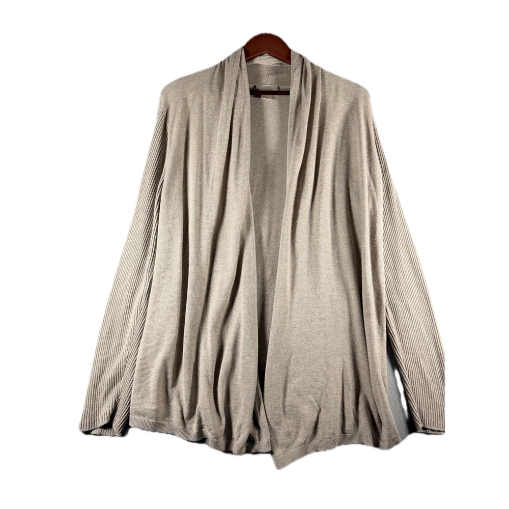 Loft Outlet Waterfall Open Front Cardigan Women’s L Taupe Ribbed Sleeve